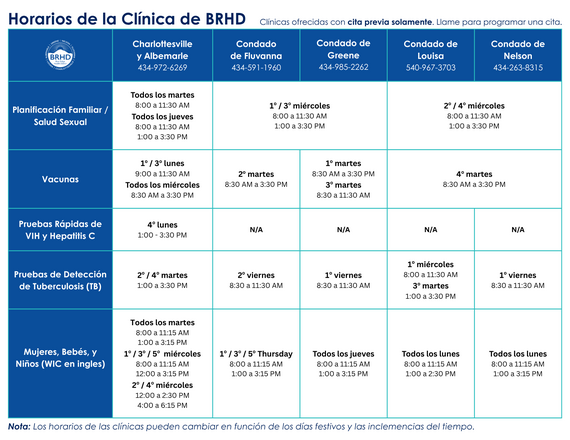 BRHD Clinical Schedule in Spanish