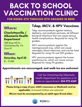4-25 Back to School Vaccine Clinic flyer