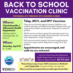 4-25 Back to School Vaccination Clinic flyer