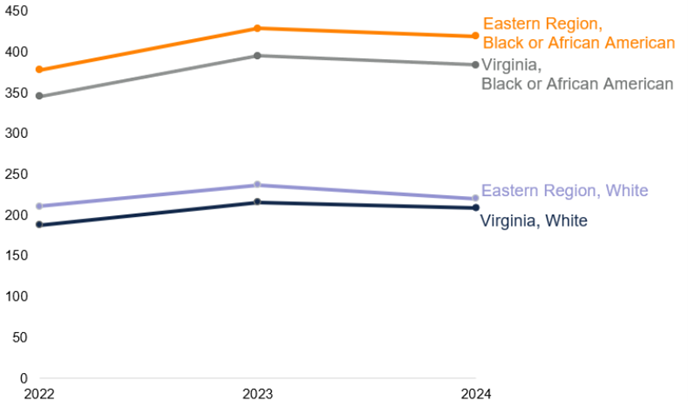 Stroke hospitalization rates for White and Black or African American racial groups are higher for those in the Eastern Region compared to Virginia