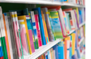 Bookshelf full of educational brochures