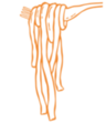 Drawn illustration of pasta noodles on a fork.