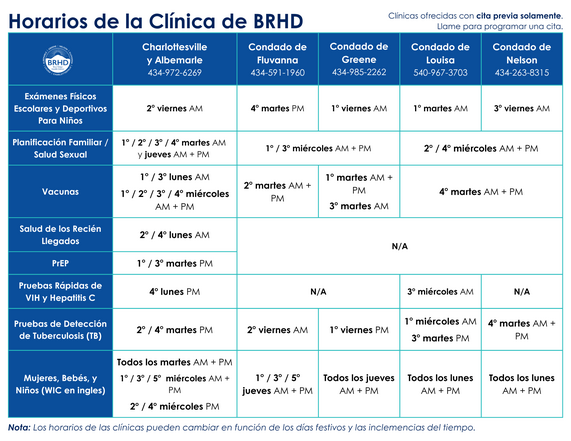 BRHD Clinical Schedule in Spanish