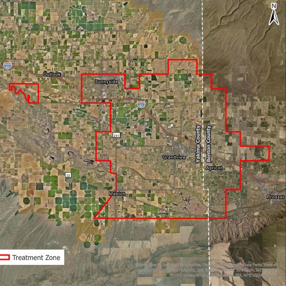 Japanese beetle planned treatment area map around Grandview, Sunnyside, Mabton. A red outline shows the treatment boundaries. 