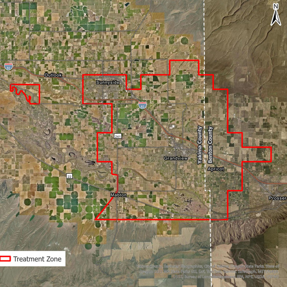 Japanese beetle planned treatment area map around Grandview, Sunnyside, Mabton. A red outline shows the treatment boundaries. 