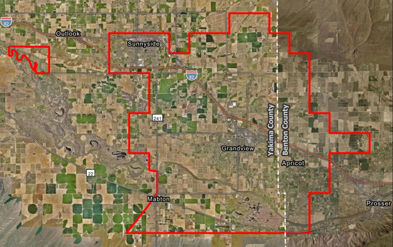 Japanese beetle planned treatment area map around Grandview, Sunnyside, Mabton. A red outline shows the treatment boundaries. 