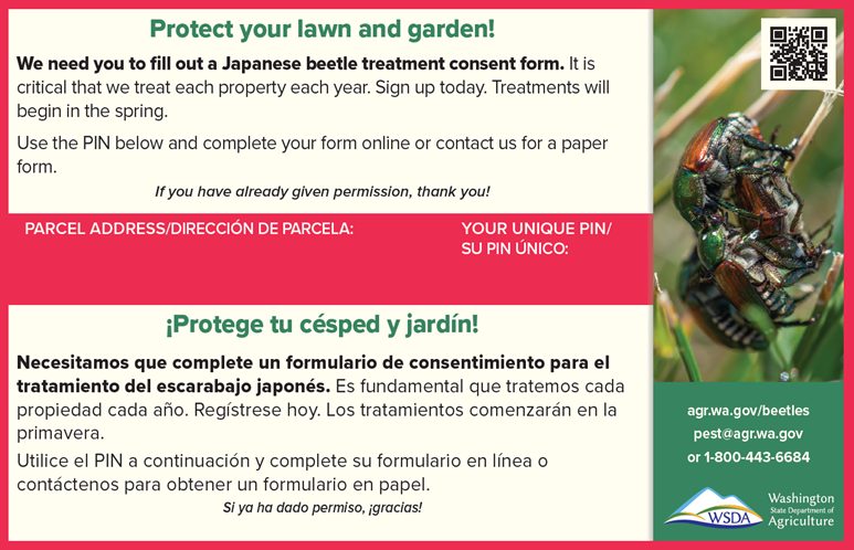 a picture of a Japanese beetle post card with treatment sign up instructions