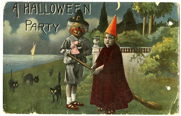 An old depiction of a witch wearing a red cape and an orange hat, standing next to a ghoul. The caption on the photo says "A Halloween Party."