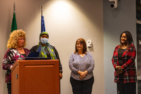 Mayor Nancy Backus HealthPoint's Amran Ahmed, We Care Daily Clinic's Kalena Towle and Sound Health's Cassandra Jackson