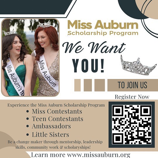 A graphic that overviews the Miss Auburn registration details with a QR code, with details explained in the body of the accompanying text