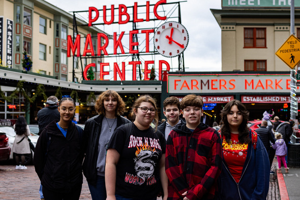 Teens from the Rec Center posing at Pike Place Market