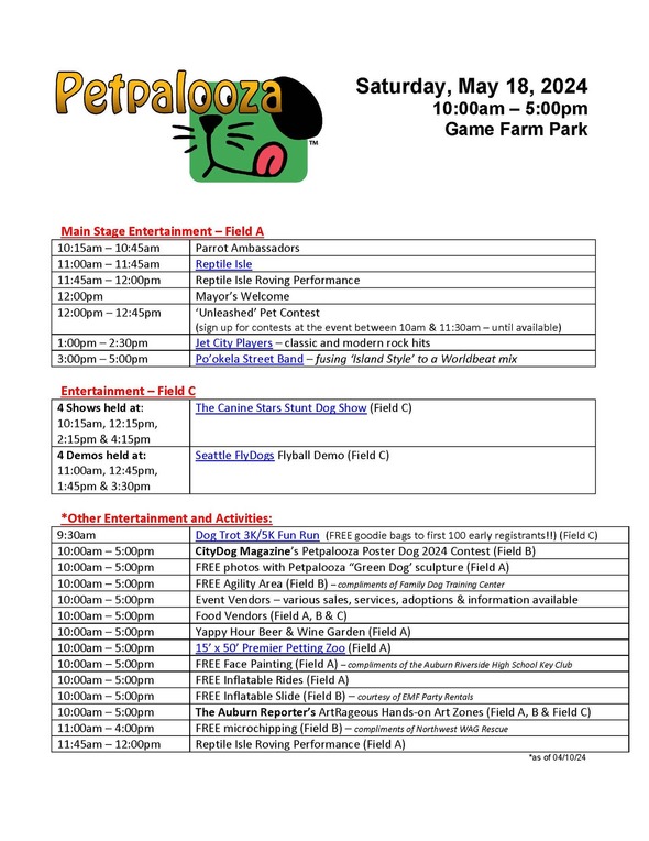 Petpalooza Entertainment Schedule 2024