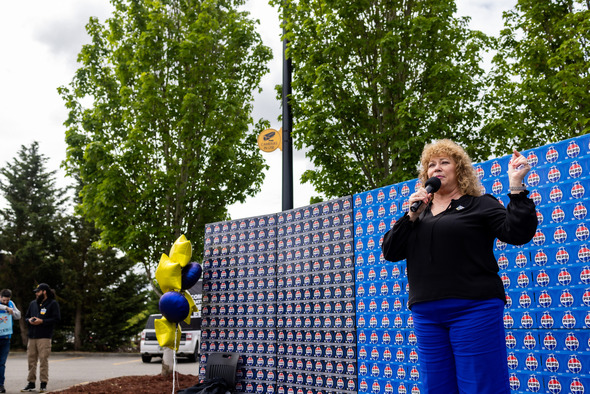 Mayor Nancy Backus speaking at Walmart Associate Celebration Week