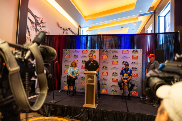 A photo of the stage at the press conference of NHRA Northwest Nationals 