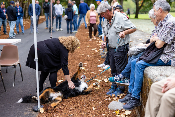 Mayor Nancy Backus petting a beautiful regal dog