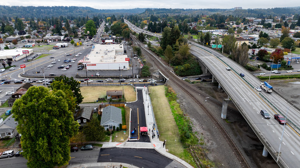 An aerial shot of the loop facing east 