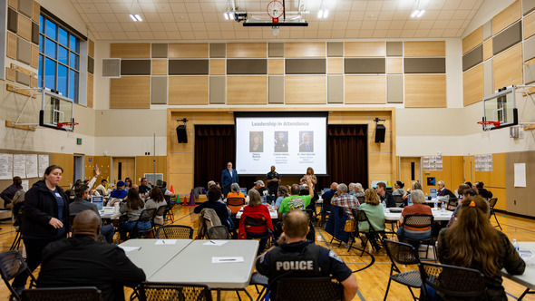 A wide crowd shot at Lea Hill Elementary showing people at the Safe Auburn: Community Conversations