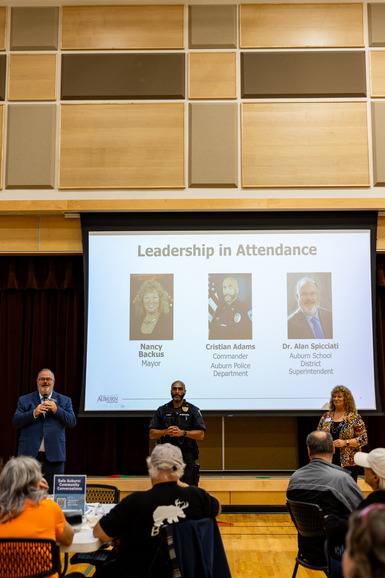 Superintendent Alan Spicciati, Commander Cristian Adams and Mayor Nancy Backus during a Q&A at Lea Hill