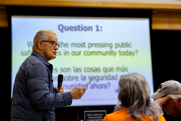 A man speaking at a Safe Auburn: Community Conversations meeting at Lea Hill