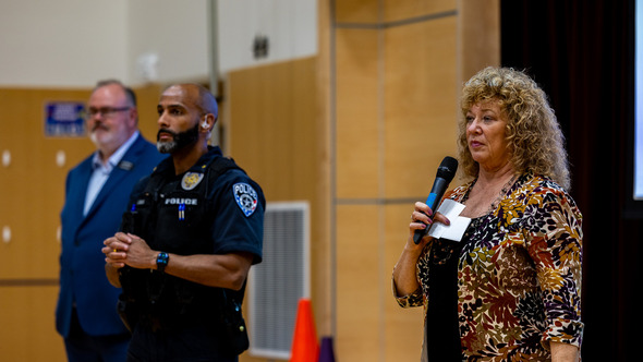 Mayor Nancy Backus, Commander Cristian Adams, and Superintendent Alan Spicciati