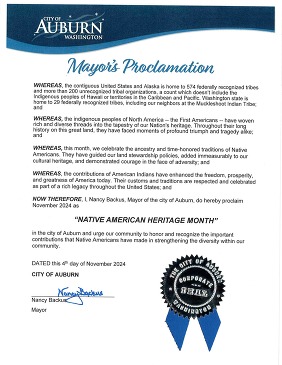 A picture copy of the Native American Heritage Month proclamation, with the text explained in the paragraph below