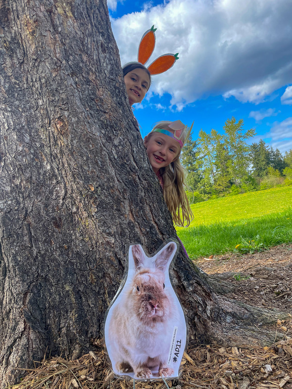 Two kids peaking behind a tree with a little bunny in front of them