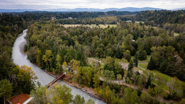 Aerial view of the new utility bridge connecting Game Farm Park and Game Farm Wilderness Park.