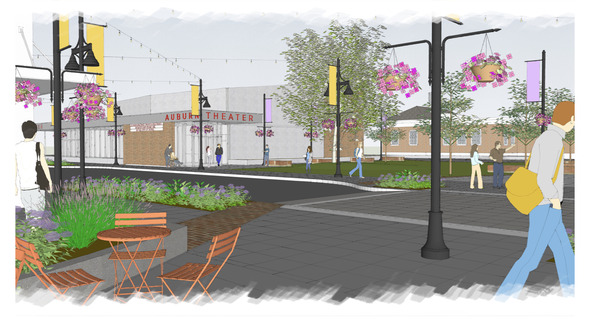 Illustration of the future Auburn Theater area with landscaping, string lights, and outdoor seating.