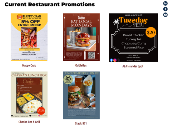 Graphic displaying current restaurant promotions from Happy Crab, Oddfellas, J&J Islander Spot, Chaska Bar & Grill, and Stack 571 in Auburn.