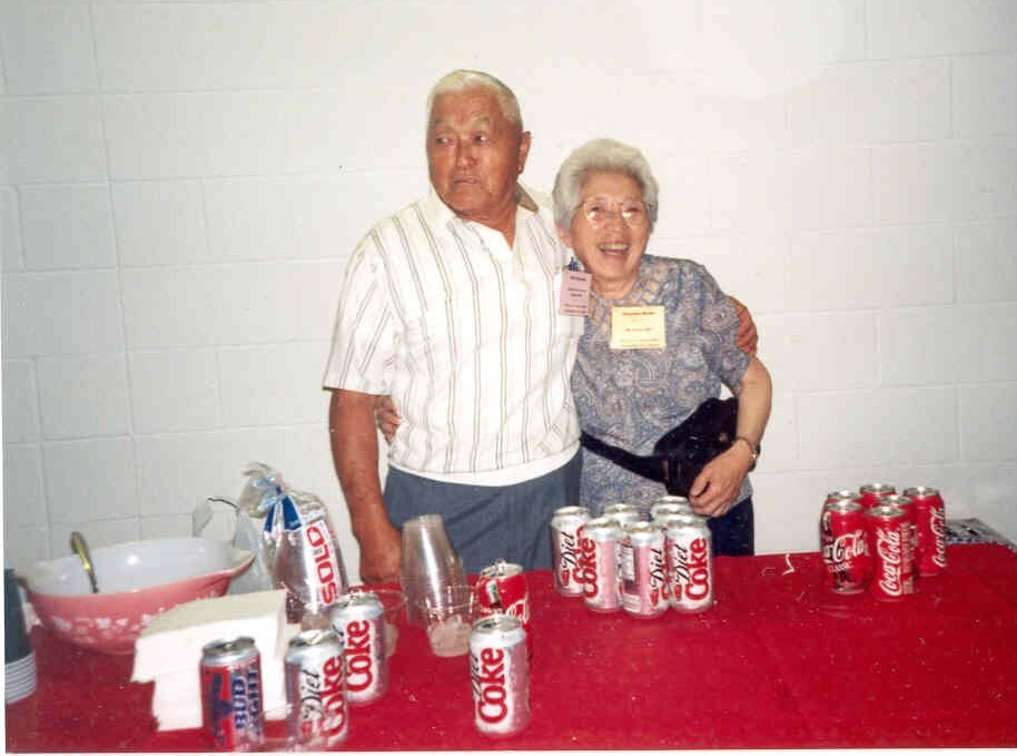 Dick Harada and Chiyeko Ozaki at this reunion party in 1998 with diet coke