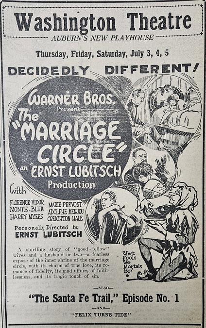 A vintage 1924 newspaper ad promotes a screening of The Marriage Circle at Auburn's Washington Theatre.