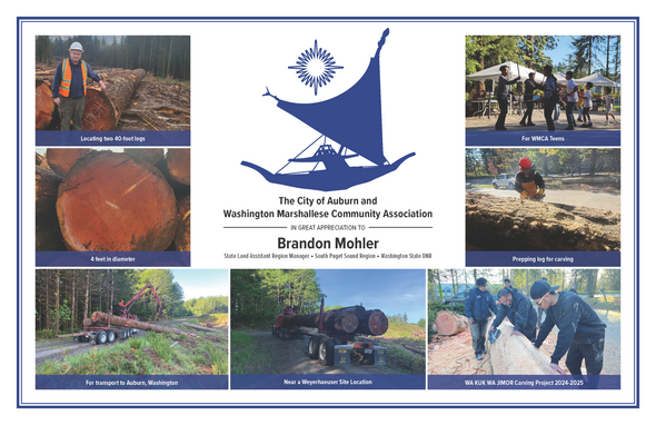 A framed collage honors Brandon Mohler for his support in the WA KUK WA JIMOR canoe carving project,