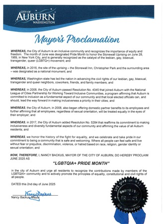 Mayor Nancy Backus' signed proclamation declaring June 2025 as LGBTQIA+ Pride Month in Auburn, highlighting equity, inclusion, and civil rights.