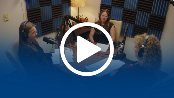 A graphic that shows three women seated at a table with a large "play" icon in the foreground indicating that it can be played as a video 