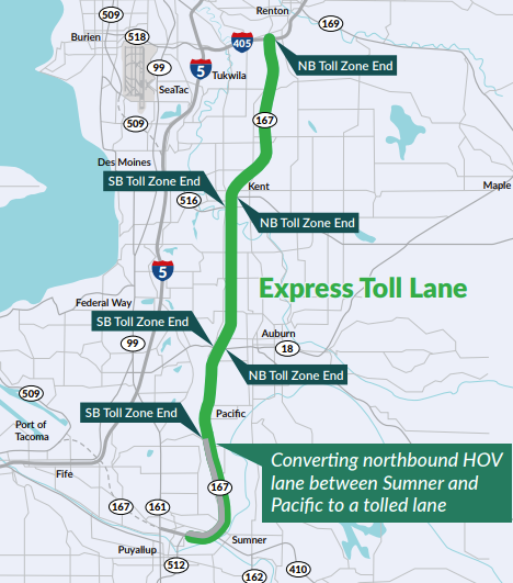 A graphic showing SR167 toll lane upgrades, with the details explained in the words below