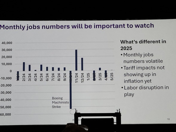 Slide displays monthly job fluctuations in 2025 with notes on tariffs, volatility, and labor issues.