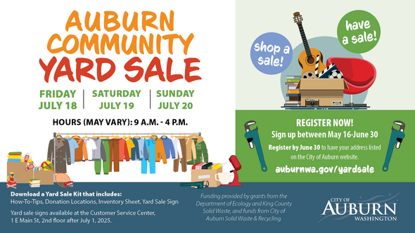 A graphic showing the details of Auburn's Community Yard Sale, with the specifics of the graphic detailed in the post below