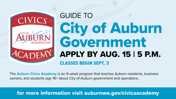 A graphic that says Civics Academy with dates and times, which are specified in the text below