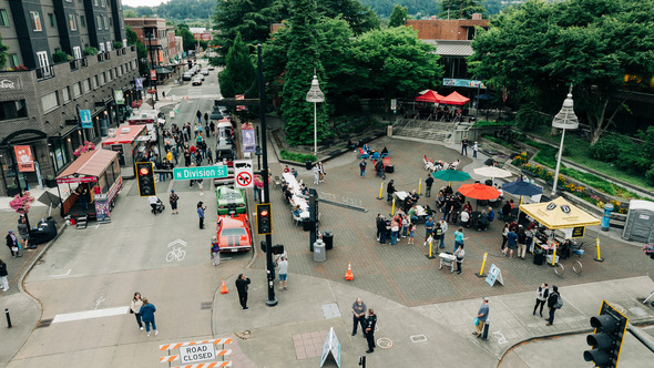 Aerial view of Party on the Plaza event with food trucks and vendor tents.