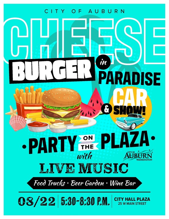 Party on the Plaza poster with food, live music, car show, and tropical theme.