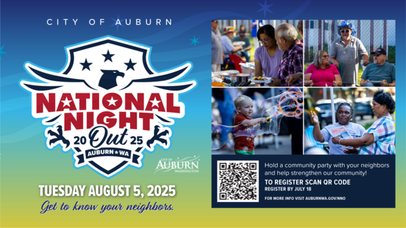 Logo and event info with community photos and QR code to register for Auburn’s National Night Out.