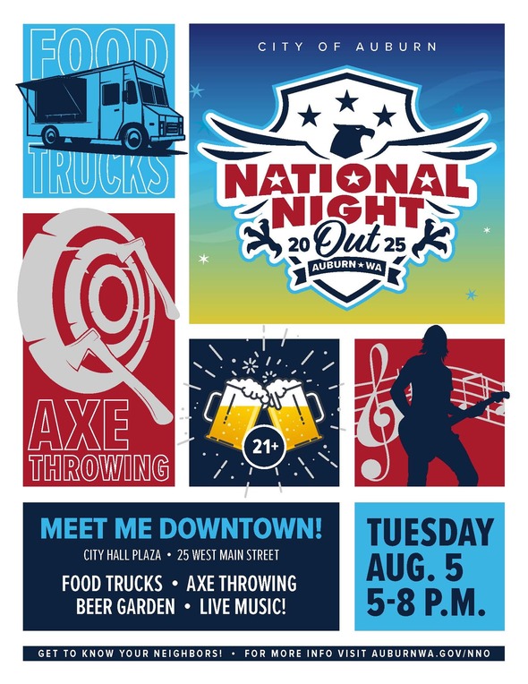 Downtown Auburn event poster with icons for food trucks, axe throwing, beer garden, and live music.