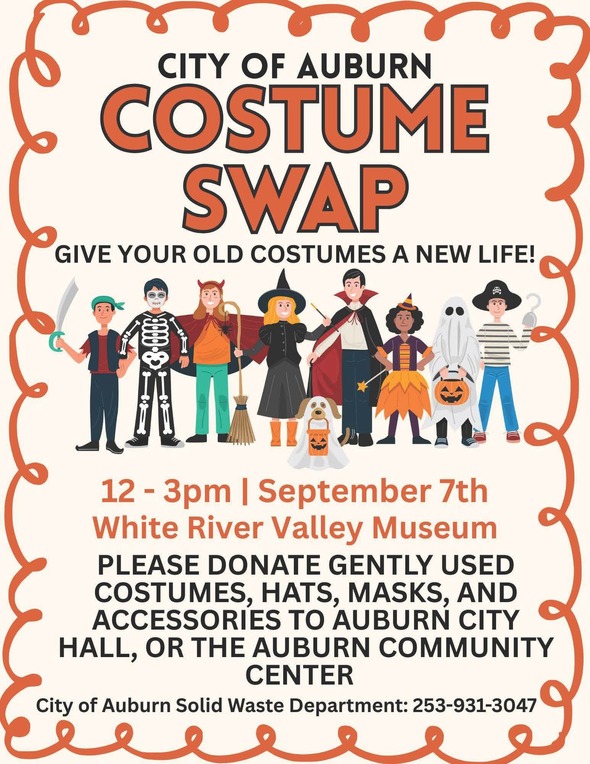 Auburn Costume Swap poster with cartoon kids in costumes and donation details.