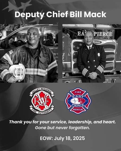Two black-and-white photos of Deputy Chief Bill Mack in uniform and gear, with fire department logos and tribute text honoring his service.