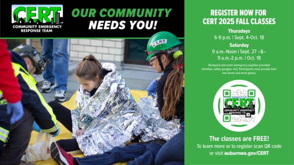 CERT 2025 Fall Classes flyer with photo of volunteers in training and registration details.