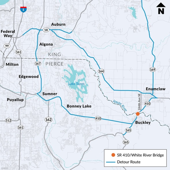 Map showing SR 410 White River Bridge closure and detour route.
