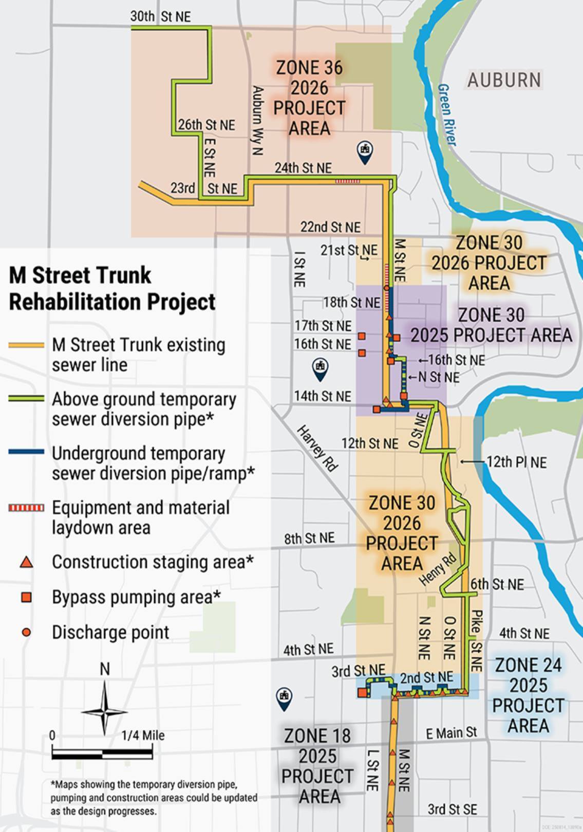 Map of Auburn M Street Trunk sewer rehabilitation project zones.