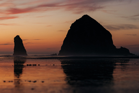 Haystack rock at Cannon Beach during sunset