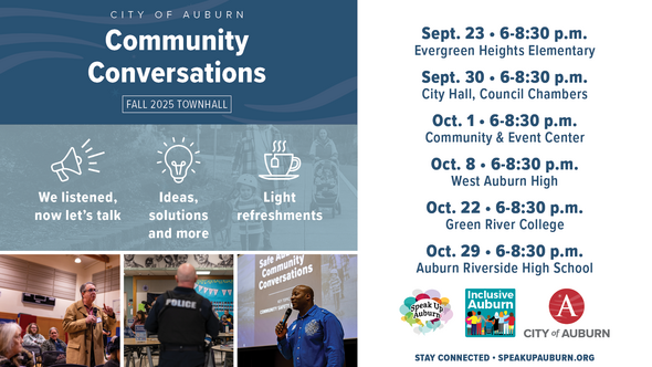 A graphic showing dates and times for the Community Conversations town halls