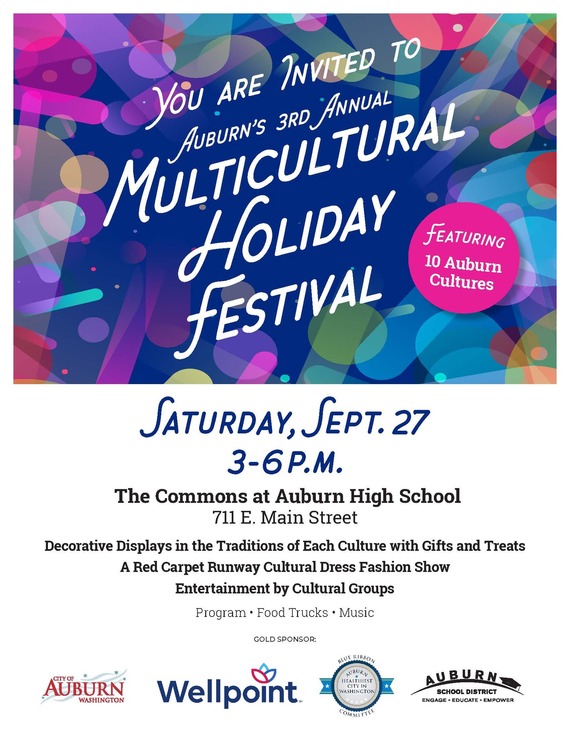 Colorful flyer for Auburn’s 3rd Annual Multicultural Holiday Festival, Sept. 27, 3–6 PM at Auburn High School with food, music, and fashion show.
